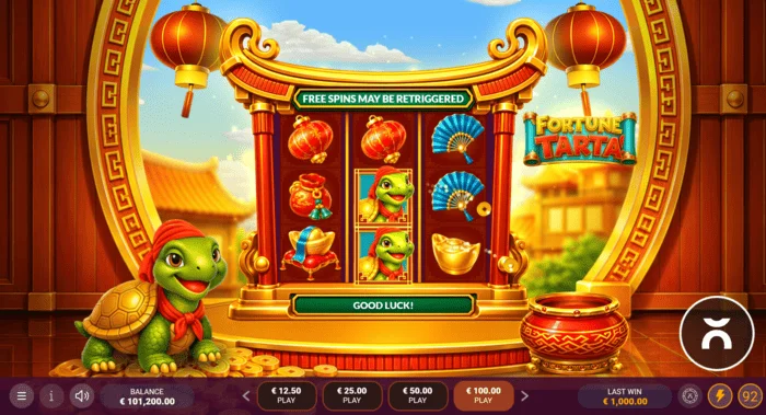 Fortune Tarta - game screen with reels and a tortoise
